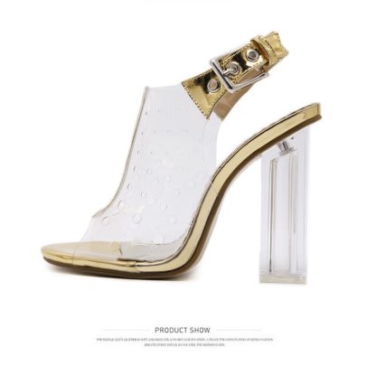 2021 New PVC Jelly Sandals Women Open Toe Transparent Crystal Block Heels Sandals Buckle Strap Pumps Party Shoes Woman WSH3970 - Image 3