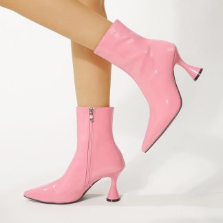 2022 Fashion Patent Leather Women Boots Winter Candy Color Ankle Boots Sexy Pointed Toe High Heels Women Shoes Zip Botas WSH4702