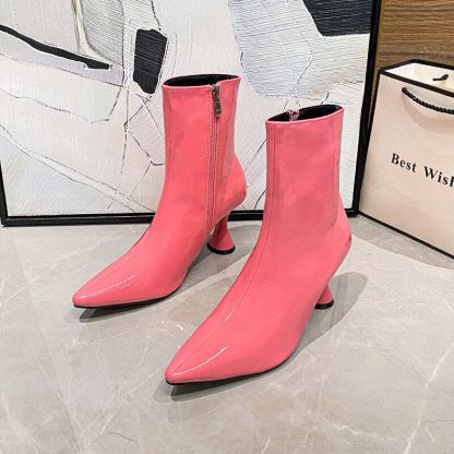 2022 Fashion Patent Leather Women Boots Winter Candy Color Ankle Boots Sexy Pointed Toe High Heels Women Shoes Zip Botas WSH4702 - Image 5