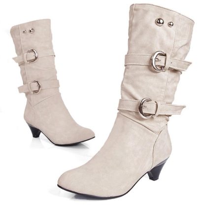 Big Size 34-43 Autumn Winter PU Leather Buckle Chunky Heels Mid Calf Boots Hot Sale Round Toe Slip on Casual Women Shoe WSH3476 - Image 2