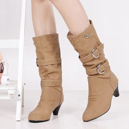Big Size 34-43 Autumn Winter PU Leather Buckle Chunky Heels Mid Calf Boots Hot Sale Round Toe Slip on Casual Women Shoe WSH3476 - Image 3