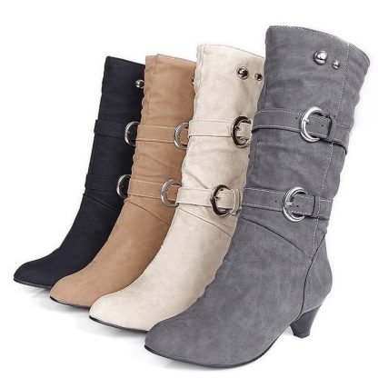 Big Size 34-43 Autumn Winter PU Leather Buckle Chunky Heels Mid Calf Boots Hot Sale Round Toe Slip on Casual Women Shoe WSH3476 - Image 5