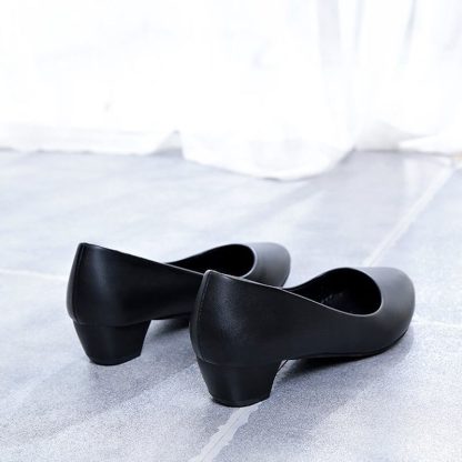 Black low heels PU leather works shoes woman professional women's shoes round head wedge pumps shoes women large size WSH3181 - Image 3