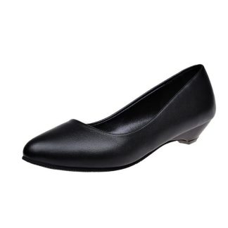 Black low heels PU leather works shoes woman professional women's shoes round head wedge pumps shoes women large size WSH3181
