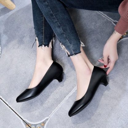 Black low heels PU leather works shoes woman professional women's shoes round head wedge pumps shoes women large size WSH3181 - Image 5