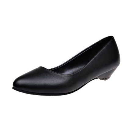 Black low heels PU leather works shoes woman professional women's shoes round head wedge pumps shoes women large size WSH3181