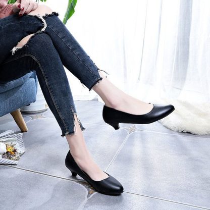Black low heels PU leather works shoes woman professional women's shoes round head wedge pumps shoes women large size WSH3181 - Image 6
