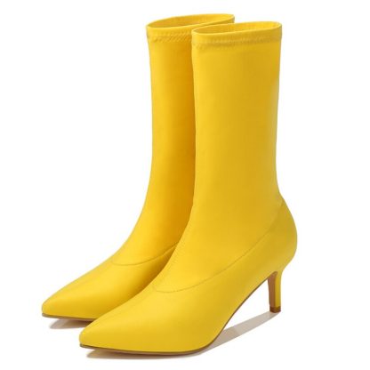 Candy Color Stretch Fabric Slip On Boots Women Pointed Toe Autumn Winter Pumps Botas Female Heels Party Shoes Size 35-42 WSH4200 - Image 3