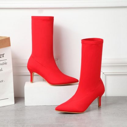 Candy Color Stretch Fabric Slip On Boots Women Pointed Toe Autumn Winter Pumps Botas Female Heels Party Shoes Size 35-42 WSH4200 - Image 6