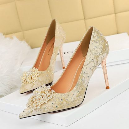 Elegant Pearl Flowers Woman Pumps Sexy Pointed Toe Rhinestone Stilettos Luxury Party Shoes Women Large Size Ladies Pumps WSH4342 - Image 2