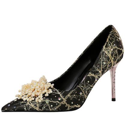 Elegant Pearl Flowers Woman Pumps Sexy Pointed Toe Rhinestone Stilettos Luxury Party Shoes Women Large Size Ladies Pumps WSH4342 - Image 3