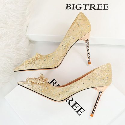 Elegant Pearl Flowers Woman Pumps Sexy Pointed Toe Rhinestone Stilettos Luxury Party Shoes Women Large Size Ladies Pumps WSH4342 - Image 4