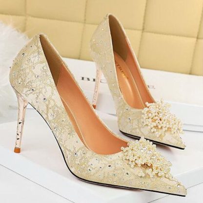 Elegant Pearl Flowers Woman Pumps Sexy Pointed Toe Rhinestone Stilettos Luxury Party Shoes Women Large Size Ladies Pumps WSH4342 - Image 6