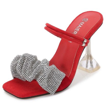 Elegant Summer Women Sandals Slides Large Size High Heels Women Shoes Square Toe Rhinestones Party Shoes sandales femmes WSH4087 - Image 2