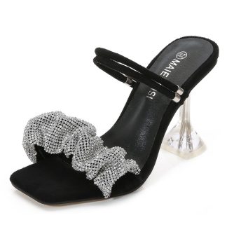 Elegant Summer Women Sandals Slides Large Size High Heels Women Shoes Square Toe Rhinestones Party Shoes sandales femmes WSH4087