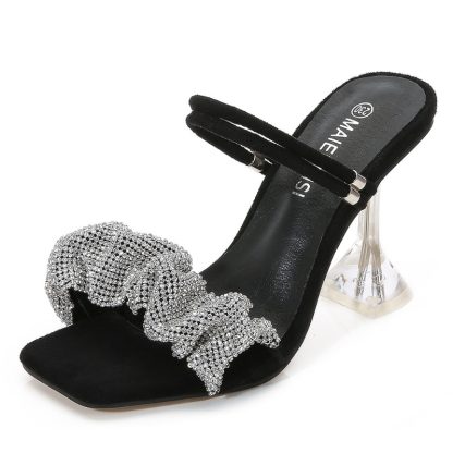 Elegant Summer Women Sandals Slides Large Size High Heels Women Shoes Square Toe Rhinestones Party Shoes sandales femmes WSH4087