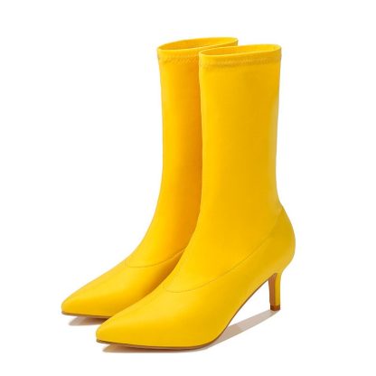 Fashion Socks Women Boots Stretch Cloth Slip On High Heels Ankle Boots Candy Color Pointed toe Women Booties Women Shoes WSH4209 - Image 2