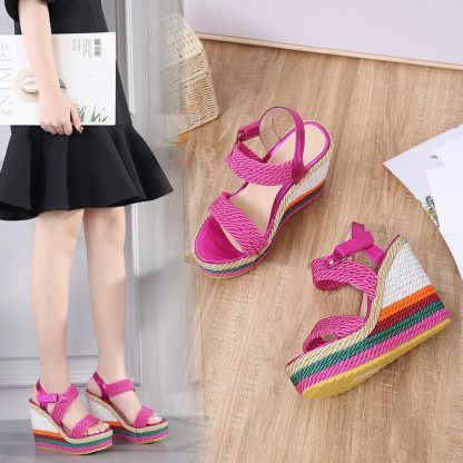Platform Women Shoes Summer Gladiator Sandals Hemp Rainbow Wedge High Heel Shoes Women Fashion Candy Color Weave Sandals WSH4564 - Image 4
