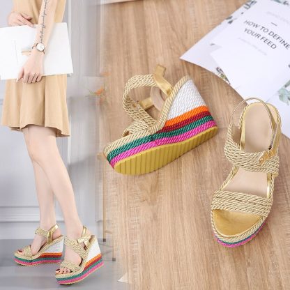 Platform Women Shoes Summer Gladiator Sandals Hemp Rainbow Wedge High Heel Shoes Women Fashion Candy Color Weave Sandals WSH4564 - Image 5