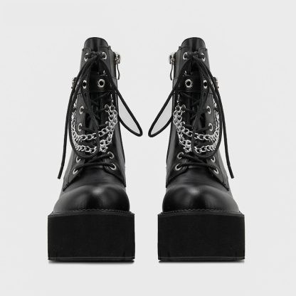 Punk Style Women Boots Platform Ankle Boots Black Round Toe Chunky Heels Women Leather Shoes With Chain Lace-up Botines WSH4695 - Image 2