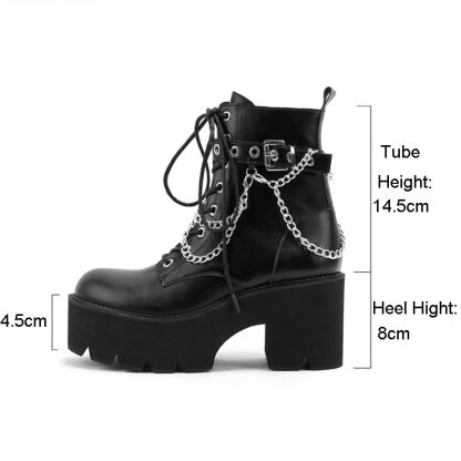 Punk Style Women Boots Platform Ankle Boots Black Round Toe Chunky Heels Women Leather Shoes With Chain Lace-up Botines WSH4695 - Image 4