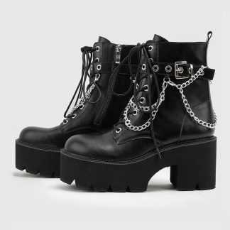 Punk Style Women Boots Platform Ankle Boots Black Round Toe Chunky Heels Women Leather Shoes With Chain Lace-up Botines WSH4695