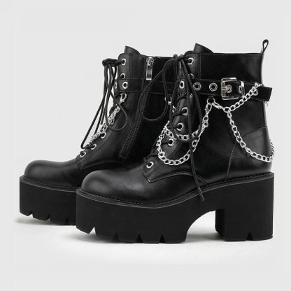 Punk Style Women Boots Platform Ankle Boots Black Round Toe Chunky Heels Women Leather Shoes With Chain Lace-up Botines WSH4695