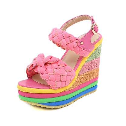 Rainbow Wedge Sandals Women Open Toe Weave Sandalias 2022 Summer Women Shoes Platform Plus Size High Heels sandales WSH4563 - Image 2