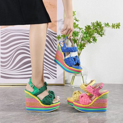 Rainbow Wedge Sandals Women Open Toe Weave Sandalias 2022 Summer Women Shoes Platform Plus Size High Heels sandales WSH4563 - Image 4