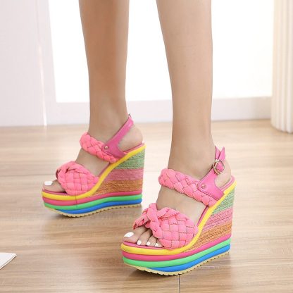 Rainbow Wedge Sandals Women Open Toe Weave Sandalias 2022 Summer Women Shoes Platform Plus Size High Heels sandales WSH4563 - Image 5