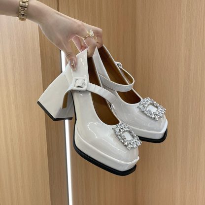 Spring Summer Women Shoes Fashion Rhinestone Platform Mary Jane Shoes Square Toe Leather Chunky High Heels Women Pumps WSH4690 - Image 4