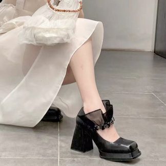 Spring Summer Women Shoes Fashion Rhinestone Platform Mary Jane Shoes Square Toe Leather Chunky High Heels Women Pumps WSH4690