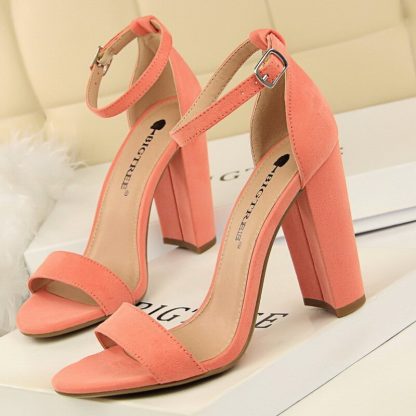 Summer Women Sandals Pumps Ankle Strap Square High Heels Sandalias Mujer Flock Open Toe Sexy Shoes Woman Plus Size 34-43 WSH4121 - Image 3