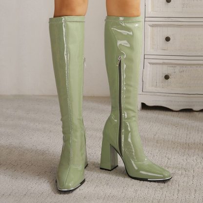 Winter New Women Knee High Boots Candy Color Patent Leather Square High Heels Long Boots Side Zip Ladies Party Booties WSH4703 - Image 2