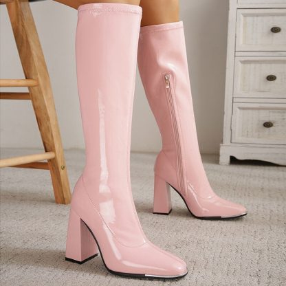 Winter New Women Knee High Boots Candy Color Patent Leather Square High Heels Long Boots Side Zip Ladies Party Booties WSH4703 - Image 4